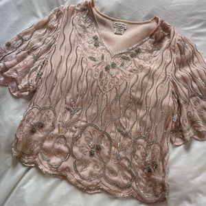 Vintage 80s Silver and Pink Beaded Sill Blouse